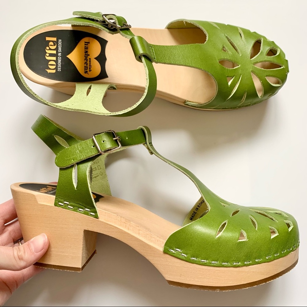 Swedish Hasbeens Lacy Debutant Clogs Green